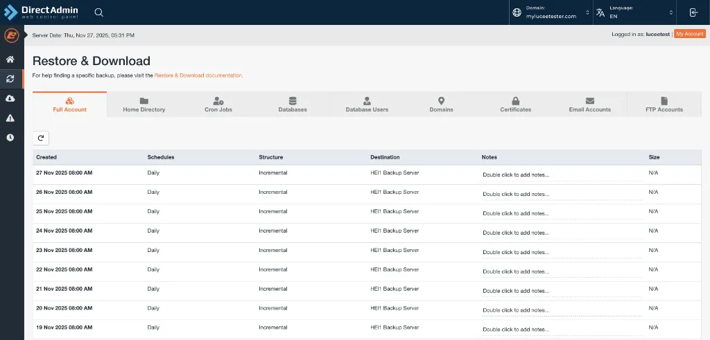 JetBackup within DirectAdmin